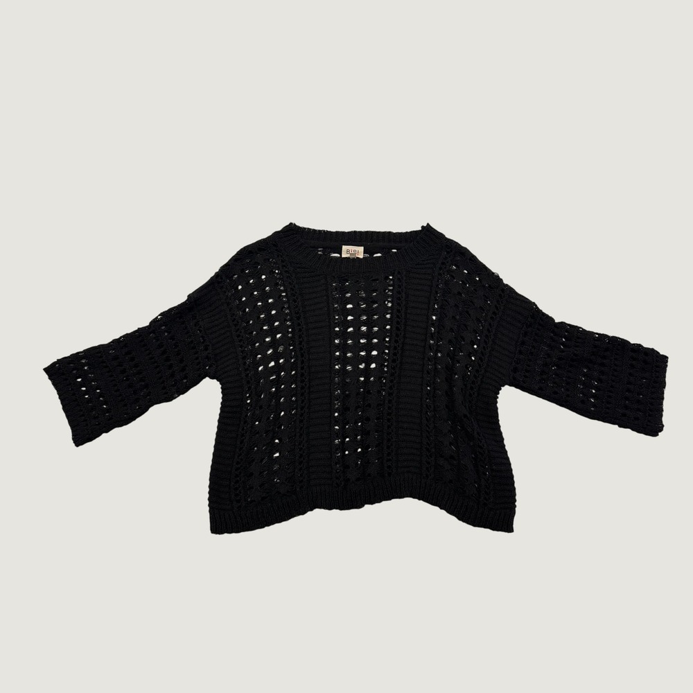BiBi Black Open Knit Crochet Sweater XL 3/4 Sleeve Crew Neck Boho Layering Top